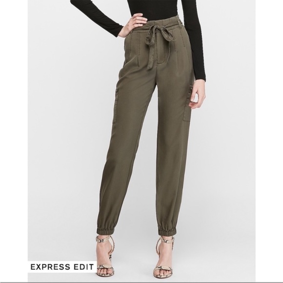 EXPRESS High Waisted Sash Tie Cargo Twill Utility Jogger Pant